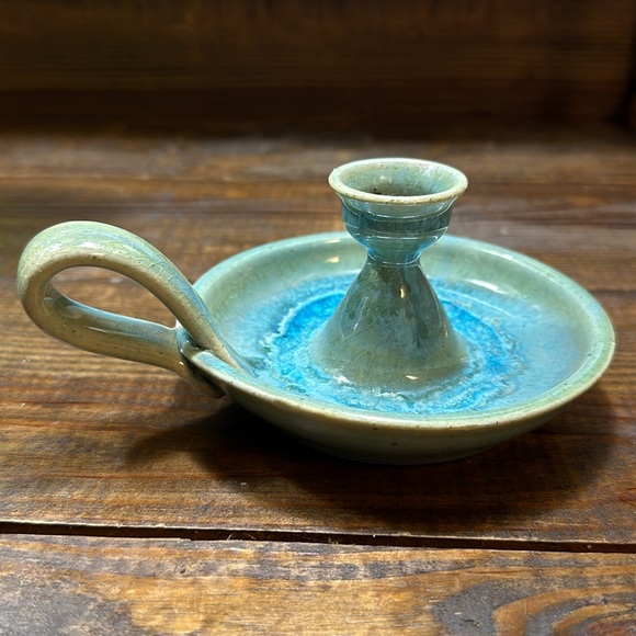 Studio Art Pottery Taper Candle Stick Holder Handmade Turquoise Color Stoneware - Picture 3 of 7